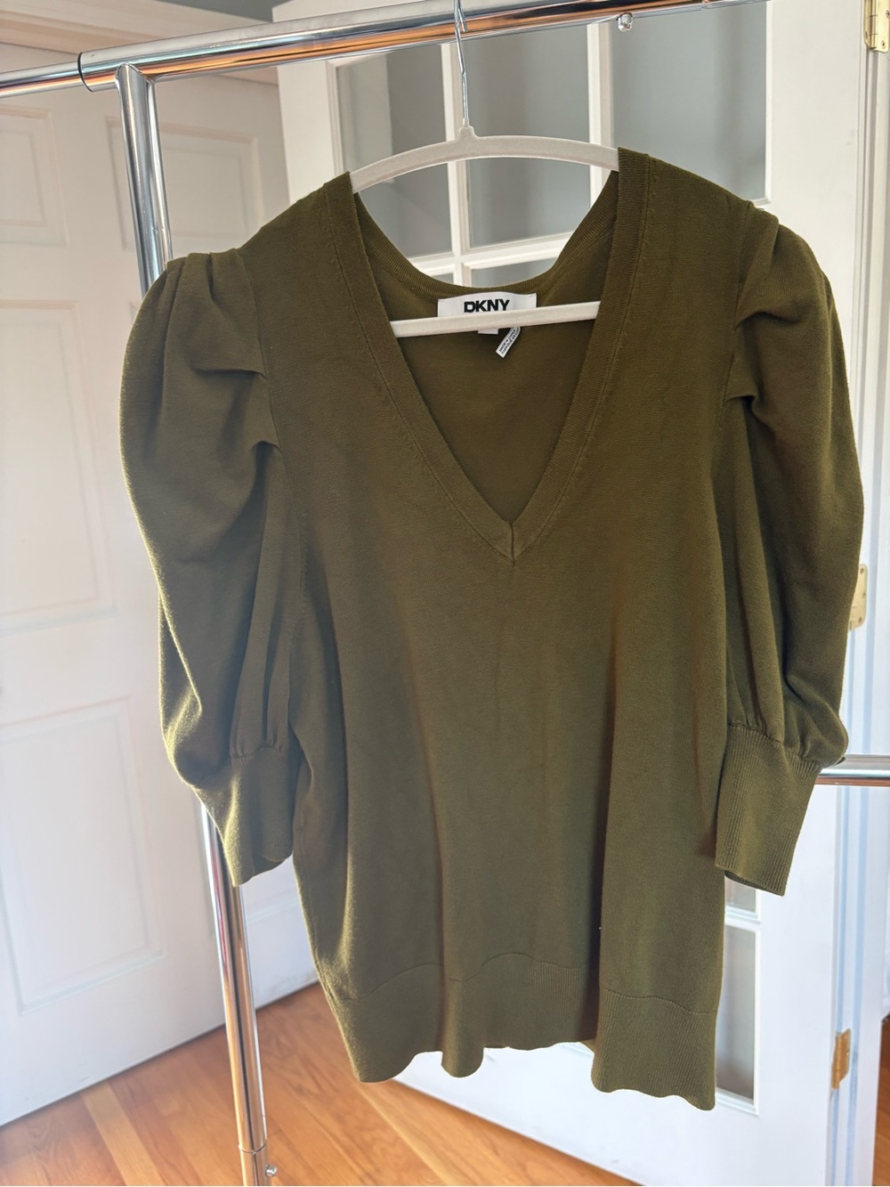 DKNY Olive Green V-Neck Puff Sleeve Knit Top